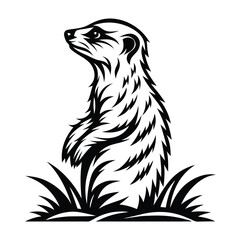 Detailed Silhouette of a Meerkat Standing Tall in Grass Patches, Minimalist Design
