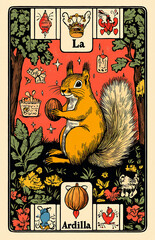 loterã­a card style illustration of la ardilla (the squirrel), holding a nut, simple bold outlines
