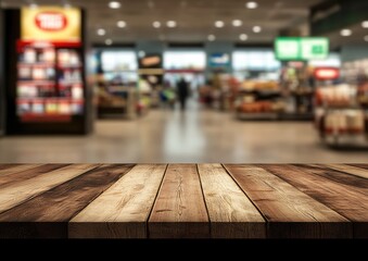 Wooden table in front of a blurred supermarket
