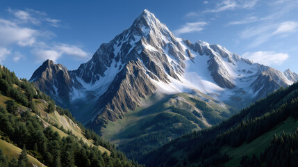 Majestic Snowy Mountain Landscape in Clear Blue Sky., Stunning Mountain Peaks Covered with Snow under Blue Sky.
