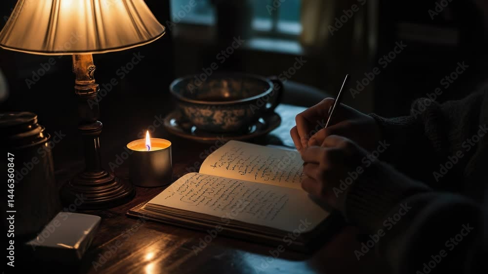 Poster A person writes in a book with a warm glow from a candle in the background