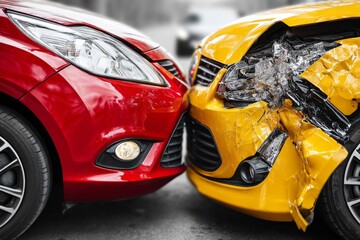 Naklejka premium Close-up View of Frontal Collision Damage Between Red and Yellow Cars Depicting Automobile Accident and Repair Needs