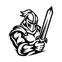 Black and White Knight Holding Sword with Full Armor on White Background