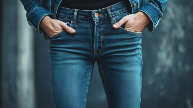 A woman wearing a denim jacket, jeans, and standing with her hands in her pockets