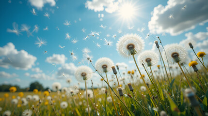 Dandelions swaying gently in the breeze, capturing the moment of wishful thoughts floating into the sky close up, concept of hope, vibrant, double exposure, open field backdrop