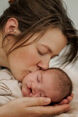 Mother Kissing Sleeping Newborn