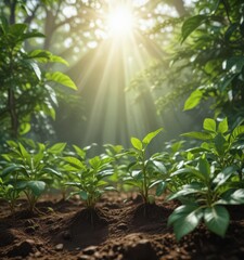 Obraz premium Vibrant green coffee seedlings reach for sunlight, lush leaves , development, botany