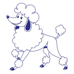 Cute Poodle Cartoon Outline Walking, Line Art Animal Illustration, Blue on White
