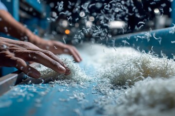 Person working with recycled synthetic material, sorting plastic fibers at processing plant for sustainable product manufacturing