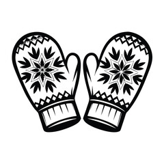 Isolated Black and White Mittens Pair with Floral Ornaments, Winter Clothing Icon