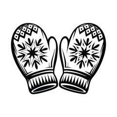 Black and White Mitten Silhouette with Intricate Snowflake Pattern Design