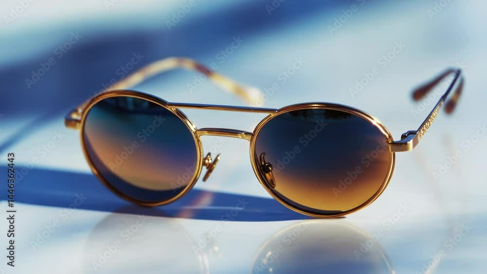 Poster a pair of sunglasses sits on top of a table, ready for use