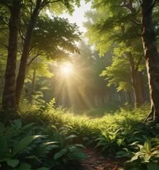 Obraz premium Golden sunlight filters through lush green leaves, dappling the forest floor , mystical, sun, outdoor