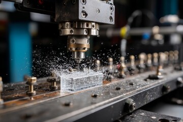 Metal Milling Machine Cutting an Acrylic Block with Coolant Spray for Precision Manufacturing Operations