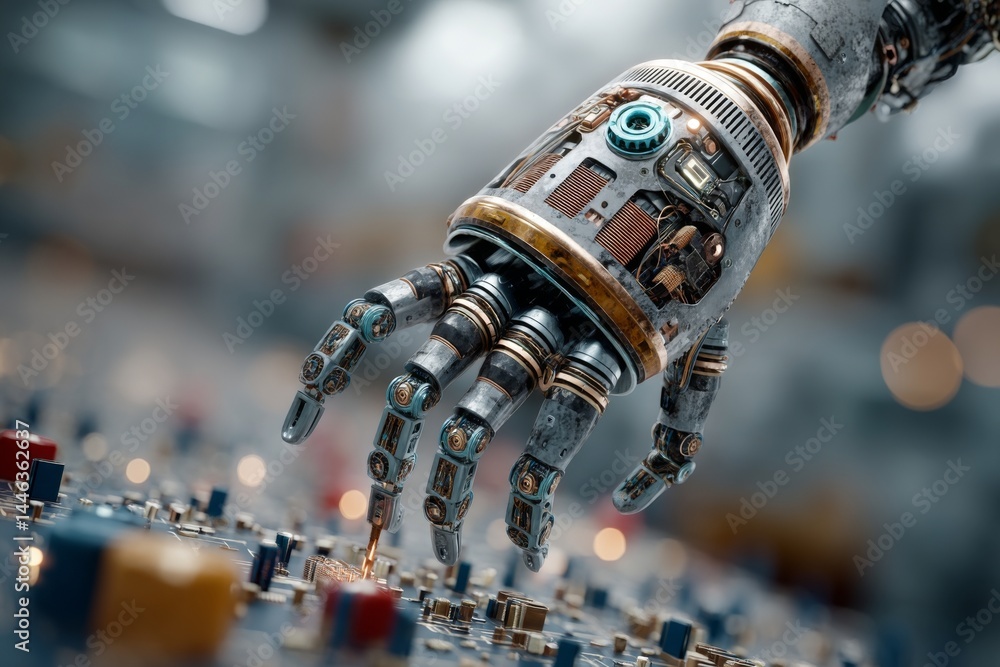 Poster robot arm working precisely on complex computer circuit board, demonstrating innovative technology a