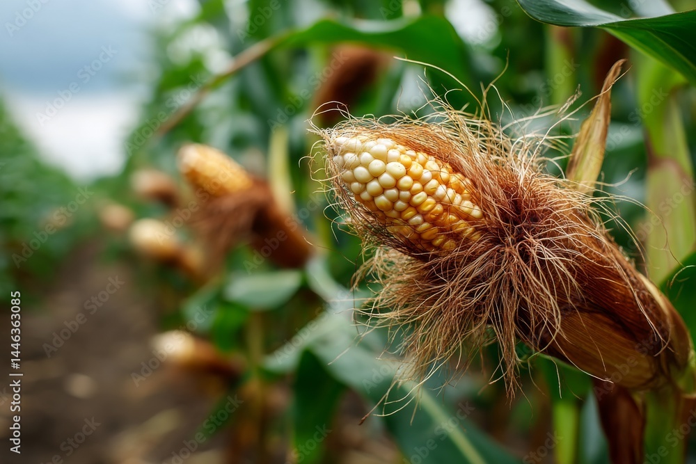 Poster close-up of a mature corn cob growing in a field; kernels visible inside husk with tassels in the ba