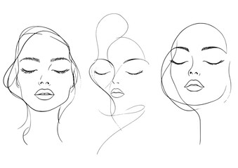 Vector One Line Female Faces set. Minimal One Line Female Portraits