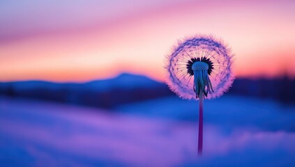 Sunset hues paint a snowy landscape behind a delicate dandelion seed head