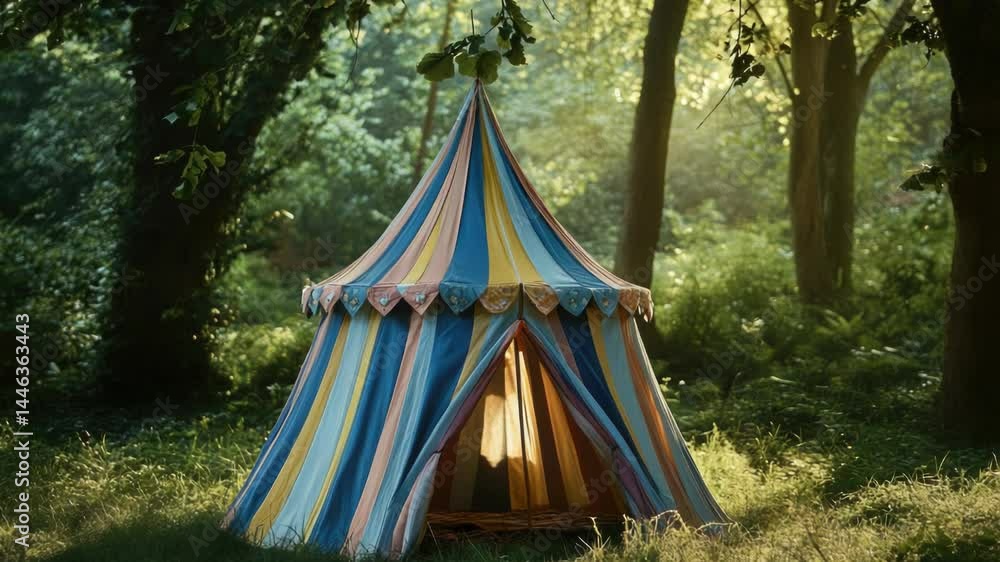 Poster Tent pitched in a forest clearing with trees and foliage surrounding