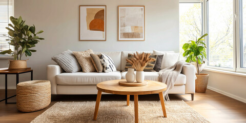 A living room in Scandinavian style with sofa, wooden coffee table and large window.