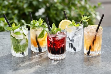 A row of glasses with different cocktails, each featuring black straws and garnishes like lemon slices or mint leaves Generative AI