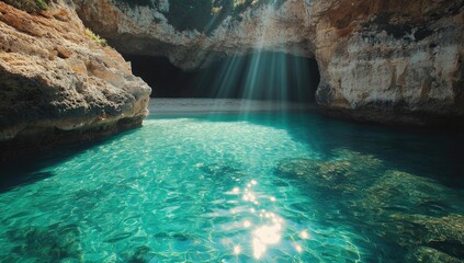 Naklejka premium Sunbeams illuminate a hidden cove's crystal-clear turquoise water, nestled within dramatic limestone cliffs