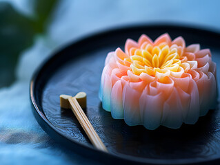 
A delicate nerikiri wagashi shaped like a seasonal chrysanthemum