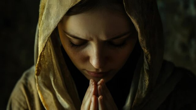 A woman is seen praying in a brown robe, likely in a contemplative or meditative state