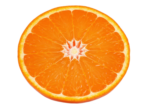 A sliced orange showing the juicy segments and center core on transparent background