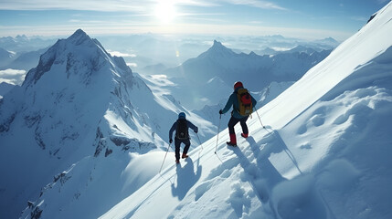two alpinists going up the mountain in winter (aerial video)