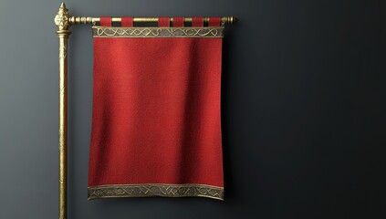Red heraldic banner hanging on a gold pole against a dark grey wall