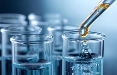 Close-up of test tubes filled with blue liquid and an eyedropper pouring yellow oil into one tube
