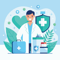 Smiling doctor in white coat stands with medical kit and health shield