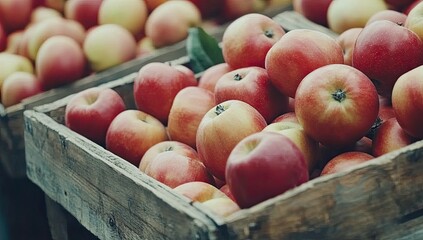 Rustic wooden crates overflowing with ripe, red and yellow apples at a market