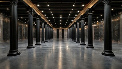 Naklejka premium Expansive hall with numerous dark columns, polished floor, and gold-accented ceiling
