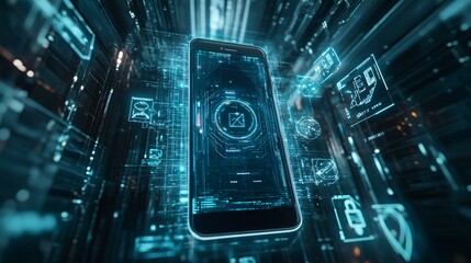 Futuristic mobile phone interface surrounded by digital circuitry.