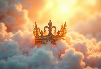 Golden crown floating in sunset clouds. Divine kingship concept. Religious symbolism for Easter, Ascension Day, or Christ the King Sunday. Heavenly royalty illustration.