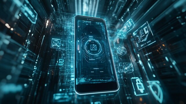 Futuristic mobile phone interface surrounded by digital circuitry.