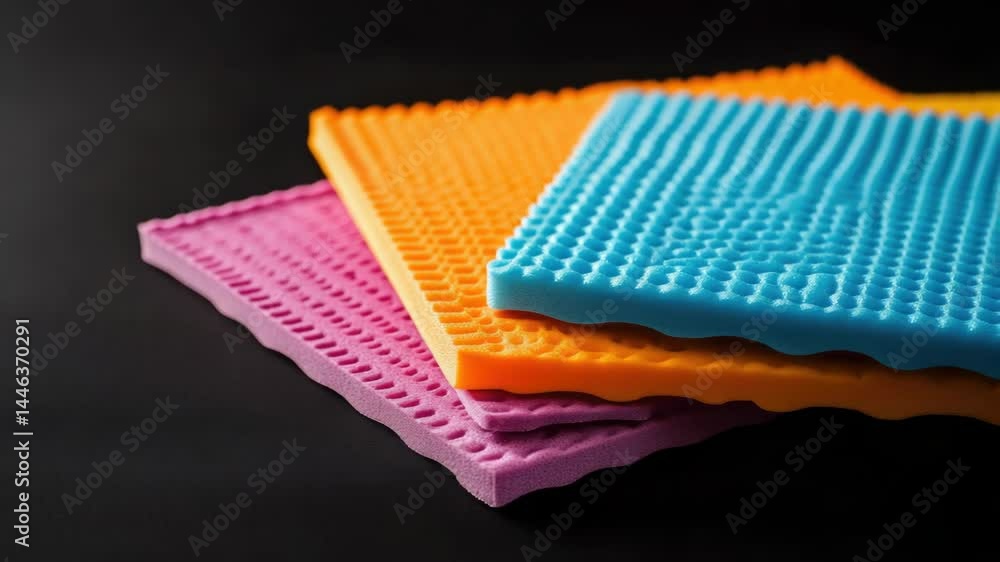 Poster a close-up view of three different colored sponges on a table