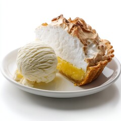 A flawless lemon meringue pie with golden peaks served alongside a melting scoop of vanilla ice cream - the ultimate sweet indulgence.