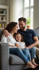 A man and woman sitting on a couch with a little girl.