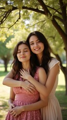 Fototapeta premium Two young women hugging each other in a park.