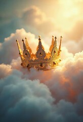 Naklejka premium Golden crown floating in heavenly clouds at sunset. Divine royalty concept for Epiphany, Ascension Day, or Easter. Religious symbol of God's kingship and glory.