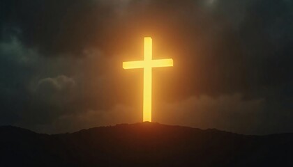 Glowing golden cross on hilltop at sunset with stormy sky. Christian symbol of faith and hope. Easter, Good Friday, or Christmas greeting card background with copy space