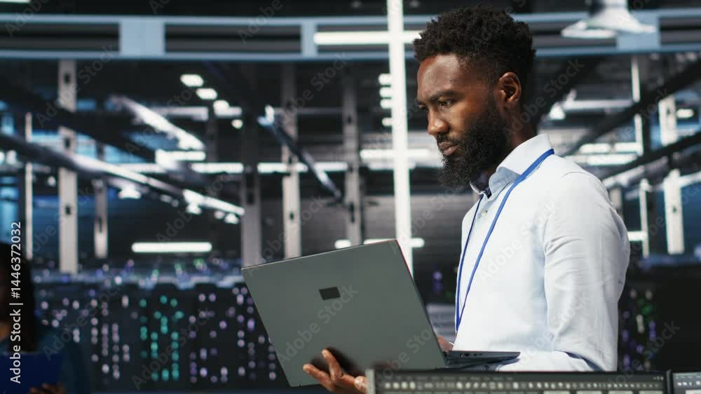 Poster data center system administrator analyzing infrastructure issues using node tree tools. man in serve