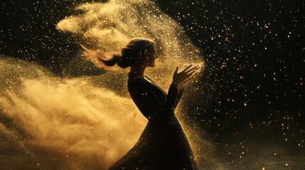 Obraz premium Silhouetted woman, surrounded by golden dust, in graceful pose. Golden particles swirling, creating ethereal effect