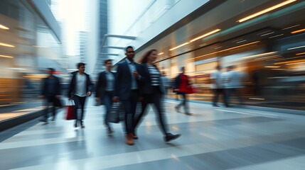 Obraz premium Walking people soft motion, abstract art with blur and motion effect, postmodernism style