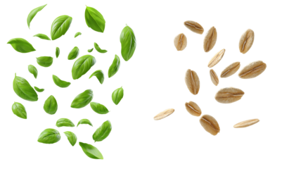 Fresh green basil leaves and raw oat grains scattered on transparent background, healthy food ingredients for culinary, nutrition, or organic product design use
