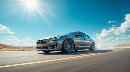 A stylized car wheel moves swiftly under a vibrant blue sky, ideating motion, journey, and the pursuit of freedom, set in a modern artistic style.