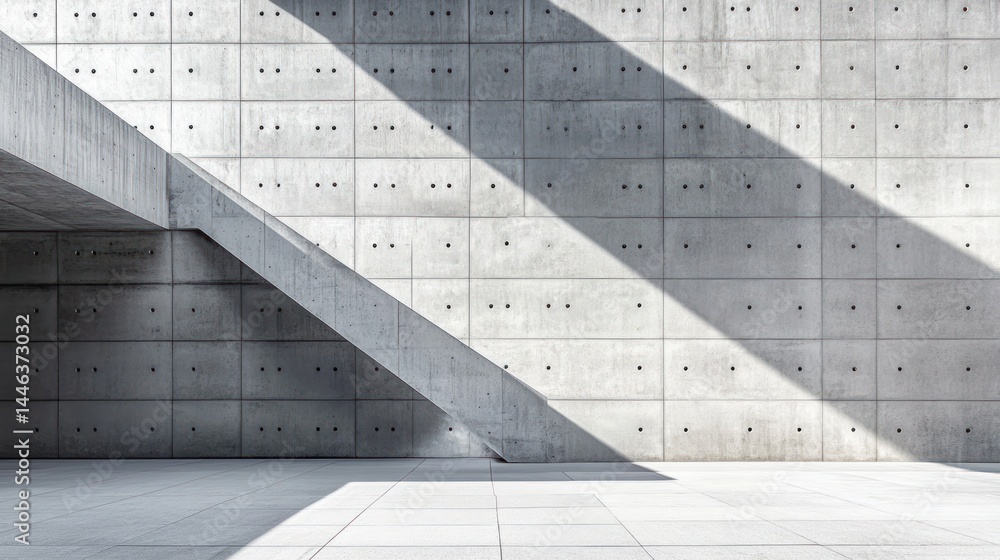 Poster diagonal sunlight casts shadows on a minimalist concrete structure with a staircase element